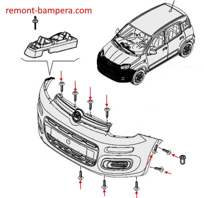 Schéma de montage du pare-chocs avant Fiat Panda III (2011-2023)