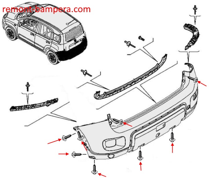 Schéma de montage du pare-chocs arrière Fiat Panda III (2011-2023)