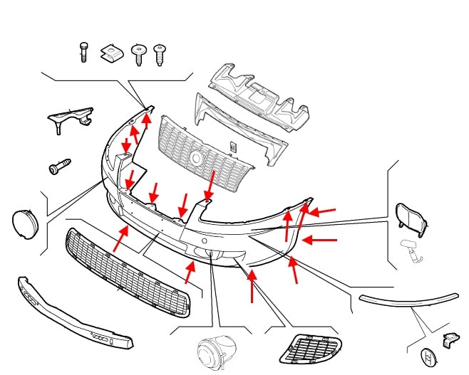 The scheme of fastening of the front bumper Fiat Croma (2005-2011)