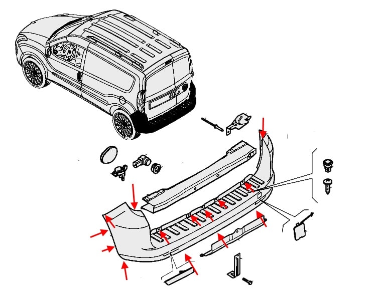 Diagrama de montaje del parachoques trasero del Fiat Doblo II (2010-2023) 