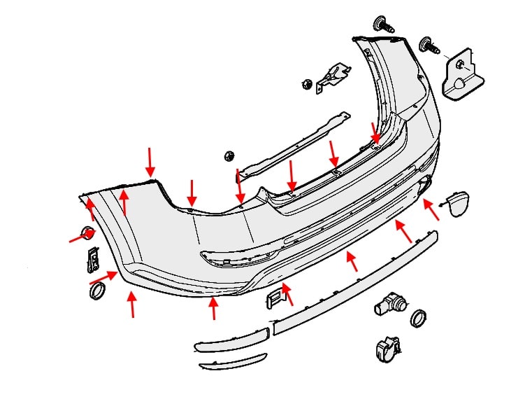 Diagrama de montaje del parachoques trasero del Fiat Linea