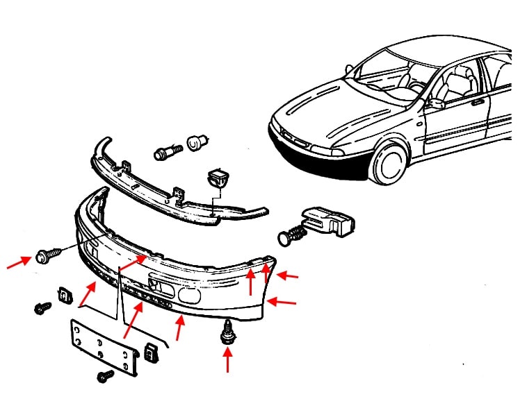 Diagrama de montaje del parachoques delantero del Fiat Marea