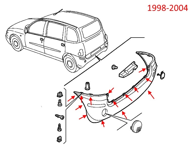 Схема крепления заднего бампера Fiat Multipla 1998-2004