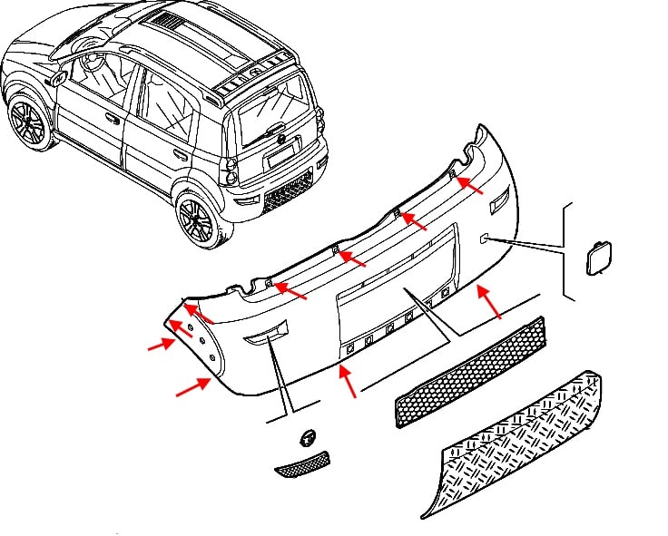 Montageschema für den hinteren Stoßfänger des Fiat Panda 2 (2003-2012) 