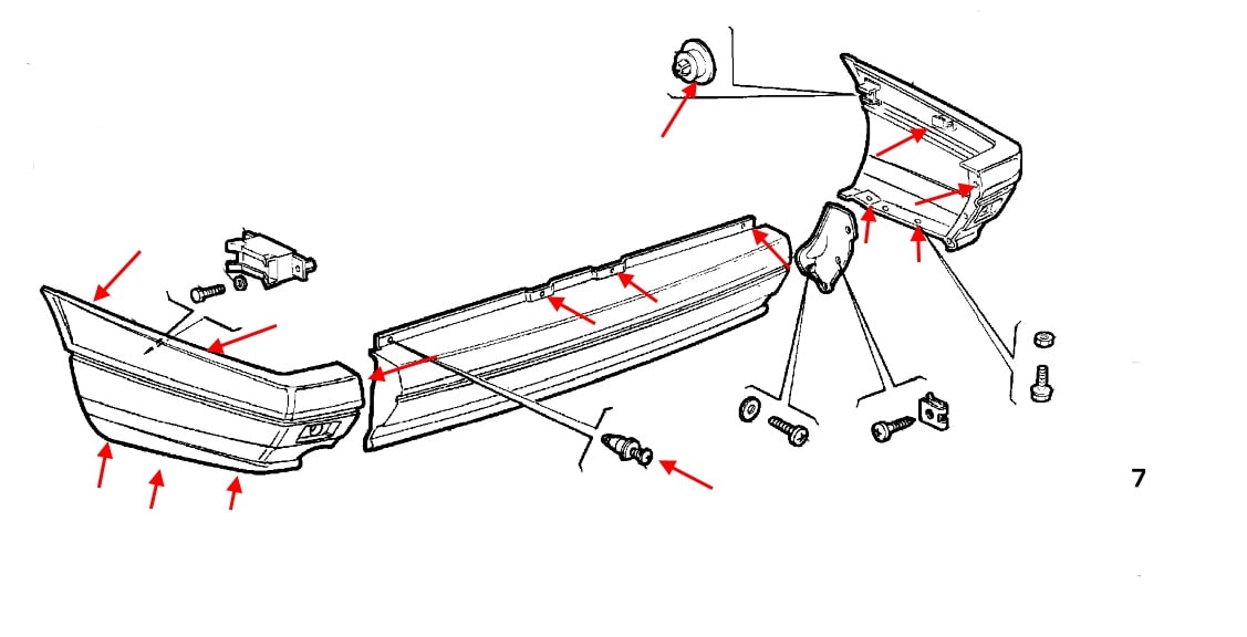 Diagrama de montaje del parachoques trasero Fiat Tempra / Marengo
