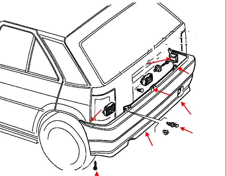 Schéma de montage du pare-chocs arrière Fiat Tipo (1988-1995)