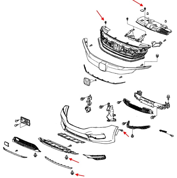 Esquema de montaje del paragolpes delantero Honda Accord 9 (2012-2017)