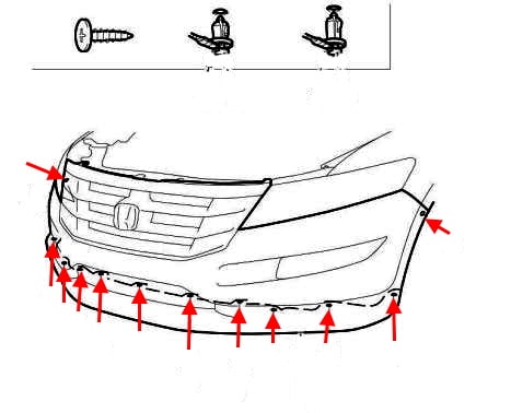 Schema di montaggio del paraurti anteriore Honda Crosstour 