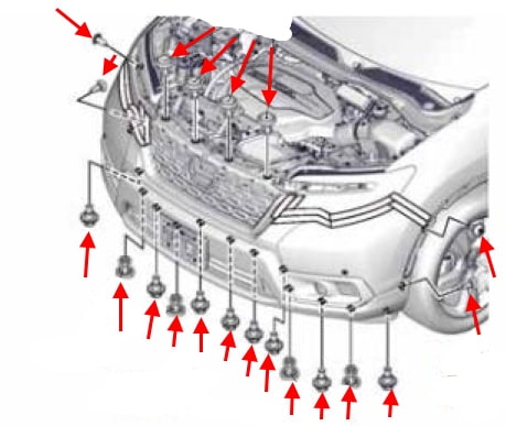 Diagrama de montaje del parachoques delantero Honda Passport (2018+)
