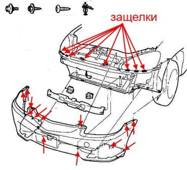 Diagrama de montaje del parachoques delantero Honda Insight (1999-2006)