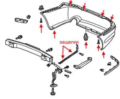 diagrama de montaje del parachoques trasero Honda Legend (2004-2013)