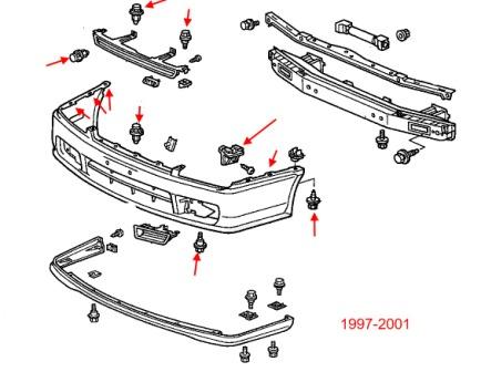 Diagrama de montaje del parachoques delantero Honda Prelude 