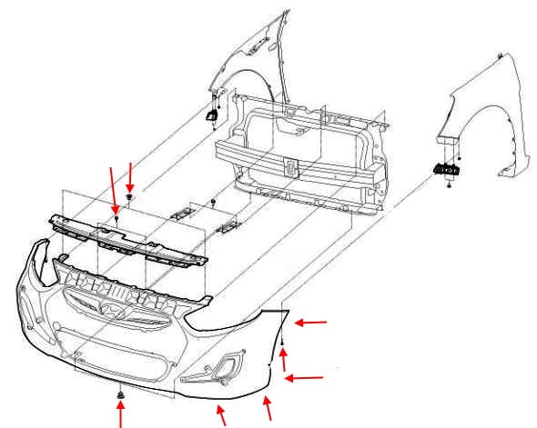 Schema di montaggio del paraurti anteriore Hyundai Accent RB (2011-2017)