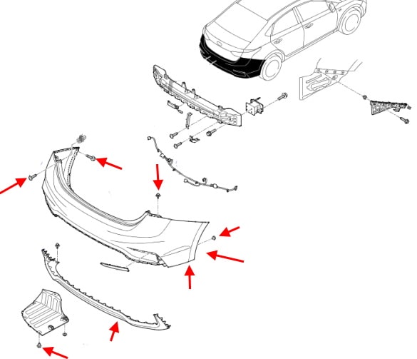 Hyundai Accent / Solaris Rear Bumper Mounting Diagram (2017+)