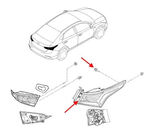 Schema di montaggio dei fari posteriori Hyundai Accent / Solaris (2017+)