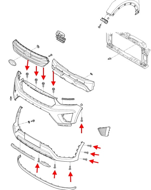 Schema di montaggio del paraurti anteriore Hyundai Creta (ix25)