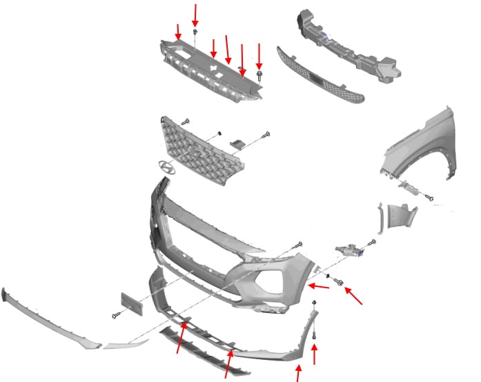 Schema di montaggio del paraurti anteriore Hyundai Santa Fe (2018+)