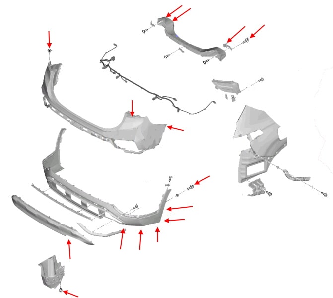 Diagrama de montaje del parachoques trasero Hyundai Santa Fe (2018+)
