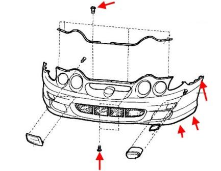 esquema de montaje del parachoques delantero Hyundai Coupe (Tiburon) (1998-2001)