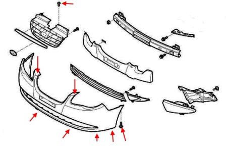 the scheme of fastening of the front bumper of Hyundai Elantra (2006-2010)