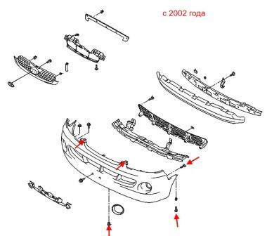 Diagrama de montaje del parachoques delantero Hyundai H-1 (1996-2007)