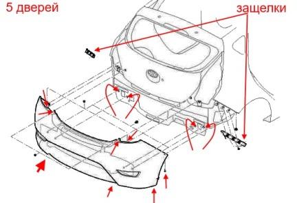 Diagrama de montaje del parachoques trasero Hyundai Solaris