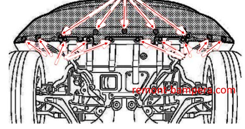 Schema di montaggio del paraurti anteriore Infiniti FX II S51 (2009-2013)