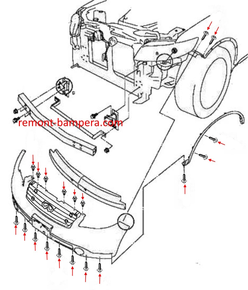 Schema di montaggio del paraurti anteriore Infiniti FX I S50 (2003-2008)