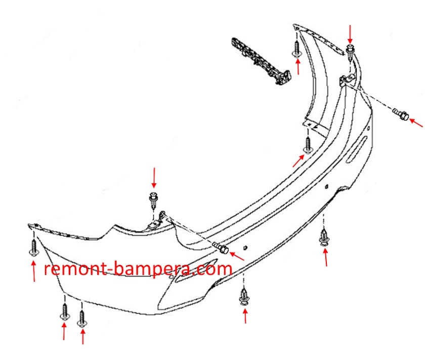 Schéma de montage du pare-chocs arrière Infiniti JX35 / QX60 (2013-2020)