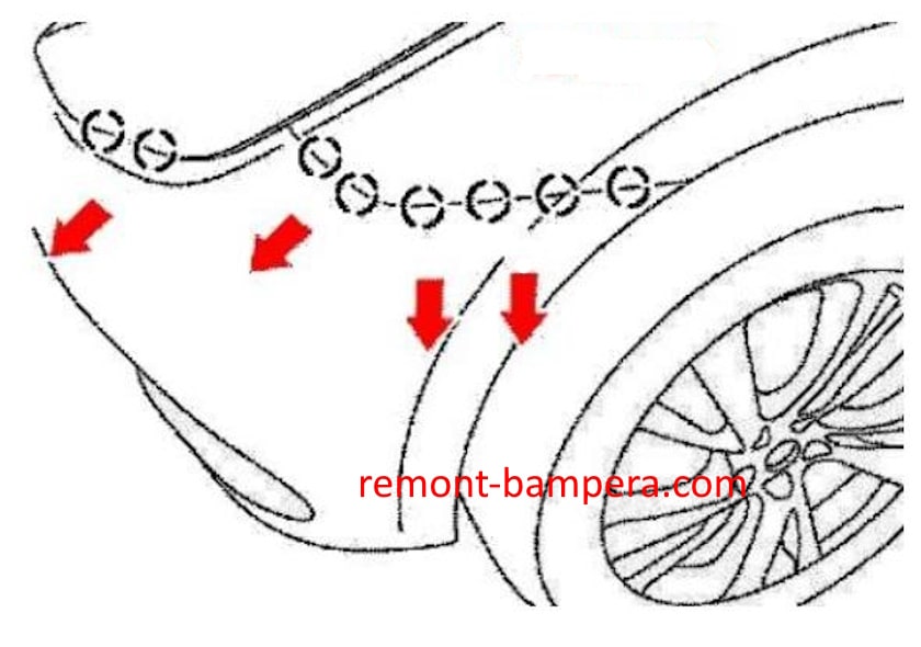 Schema di montaggio del paraurti anteriore Infiniti JX35 / QX60 (2013-2020).