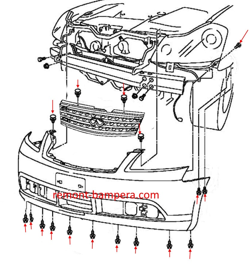 Schema di montaggio del paraurti anteriore Infiniti M45 / M35 III (Y50) (2005-2010)