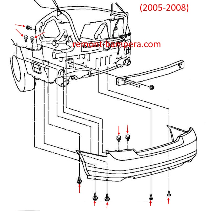 Schema di montaggio del paraurti posteriore Infiniti M45 / M35 III (Y50) (2005-2008)
