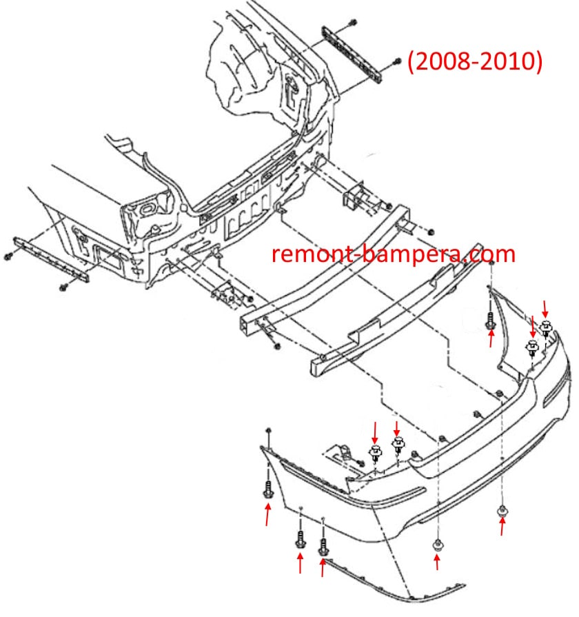 Схема крепления заднего бампера Infiniti M45 / M35 III (Y50) (2008-2010)