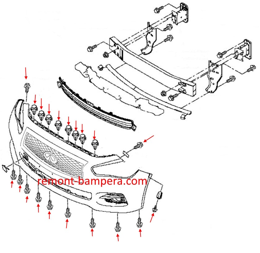 Schema di montaggio del paraurti anteriore Infiniti Q50 (V37) (2014-2023)