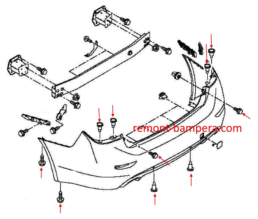 Schéma de montage du pare-chocs arrière Infiniti Q50 (V37) (2014-2023)