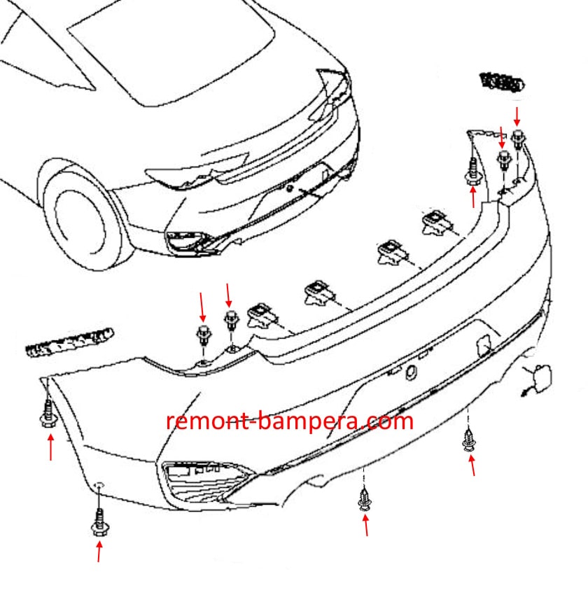 Schema di montaggio del paraurti posteriore Infiniti Q60 II (2017-2022)