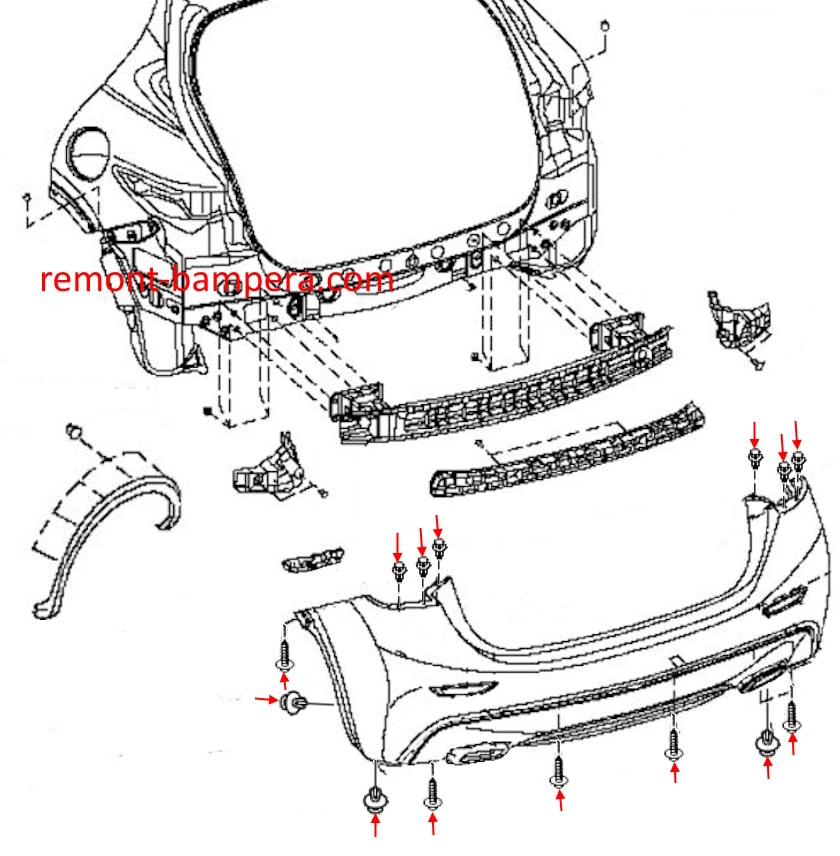 Schéma de montage du pare-chocs arrière Infiniti Q30 / QX30 (2015-2019)