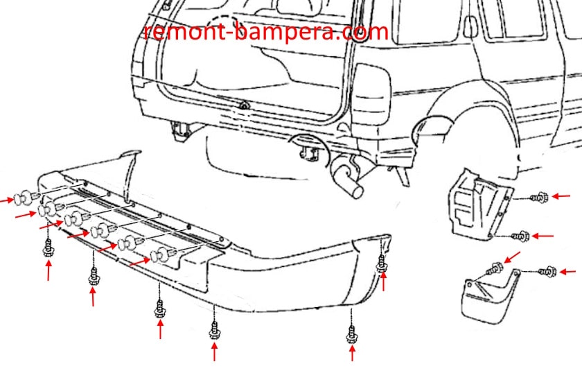 Schema di montaggio del paraurti posteriore Infiniti QX4 (1996-2003)