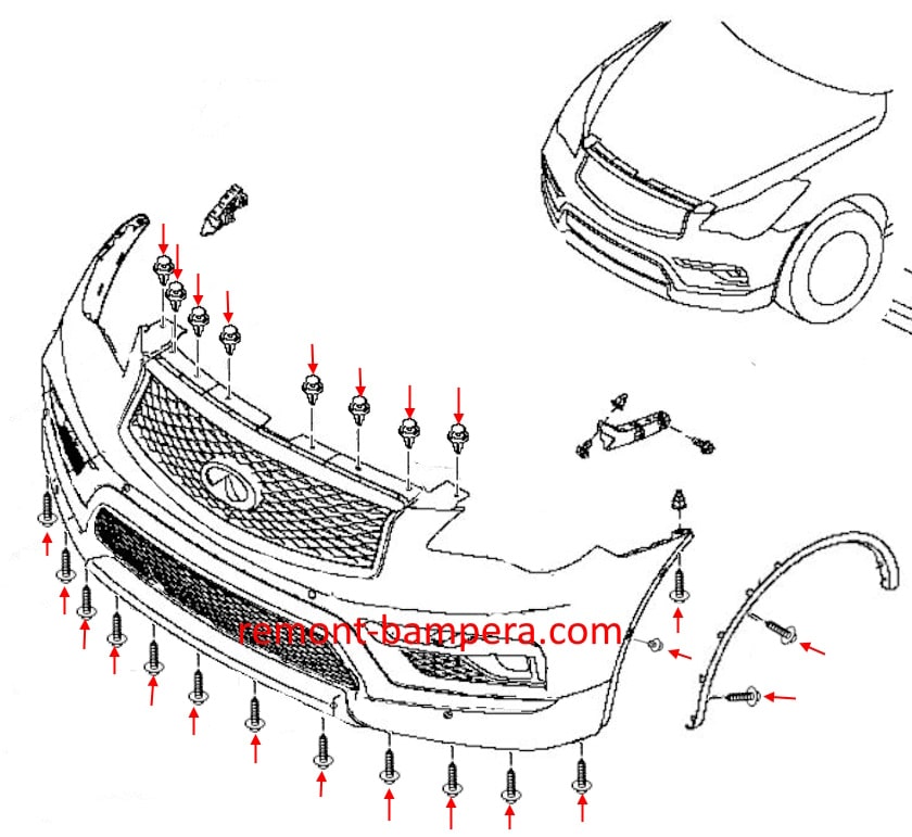 Schema di montaggio del paraurti anteriore Infiniti QX50 I (2013-2017)