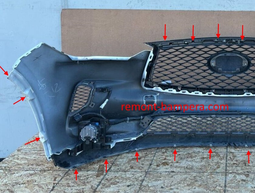posizioni di montaggio per il paraurti anteriore Infiniti QX50 II / QX55 (2017-2023)