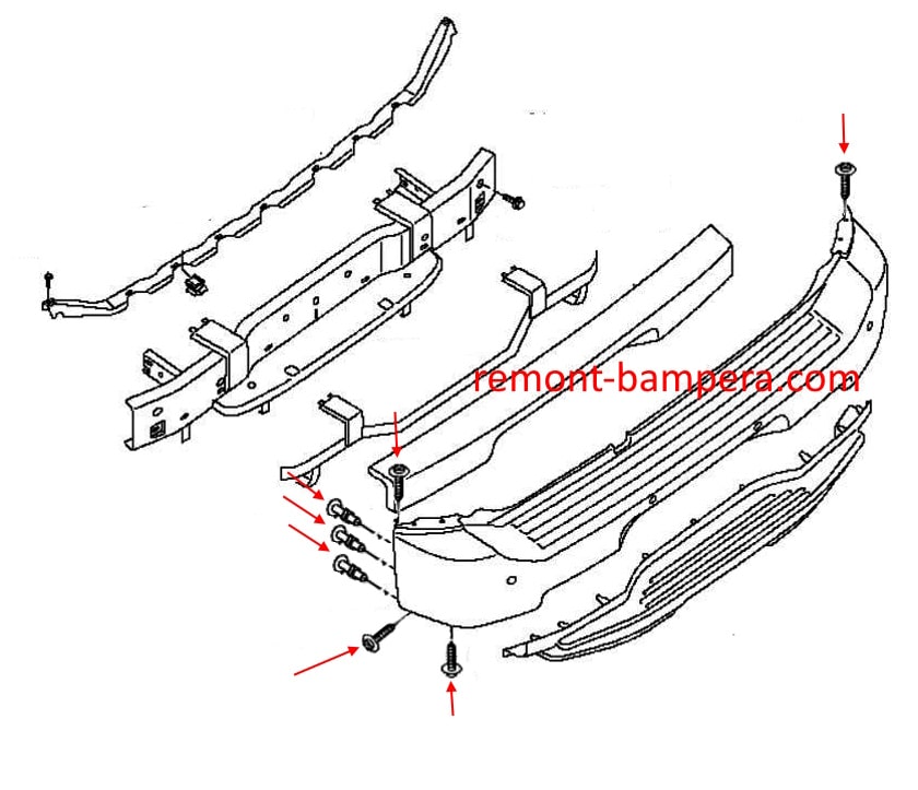 Schema di montaggio del paraurti posteriore Infiniti QX56 I JA60 (2004-2010)
