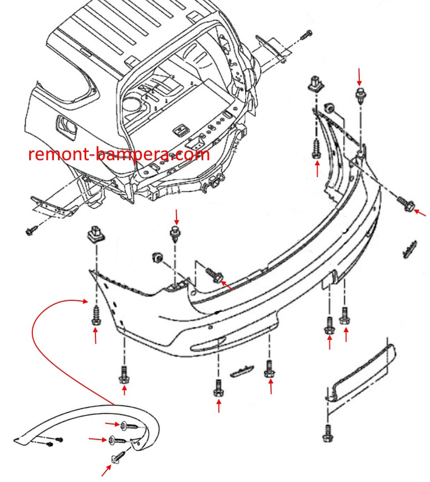 Esquema de montaje del parachoques trasero Infiniti QX56 II / QX80 (2010-2023)