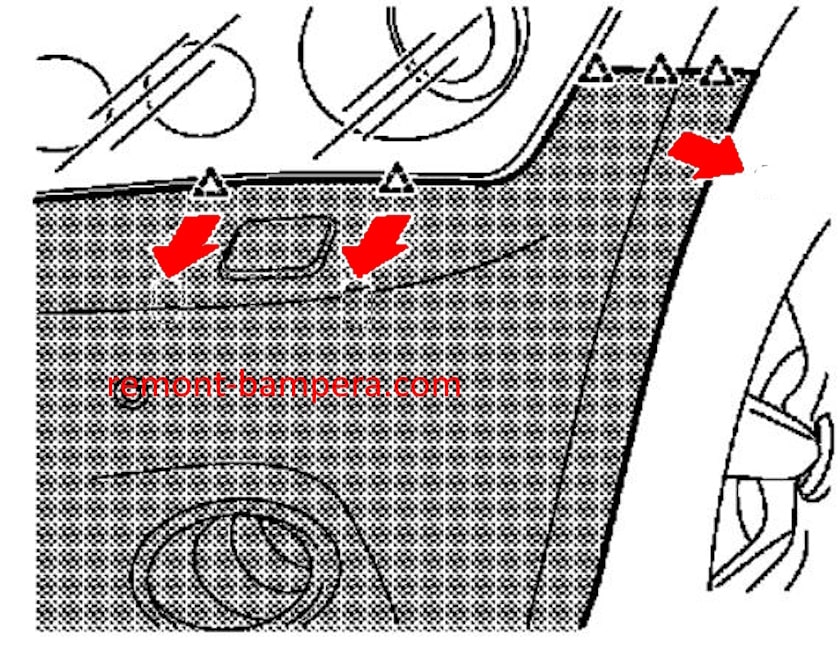 Schema di montaggio del paraurti anteriore Infiniti QX56 II / QX80 (2010-2023)