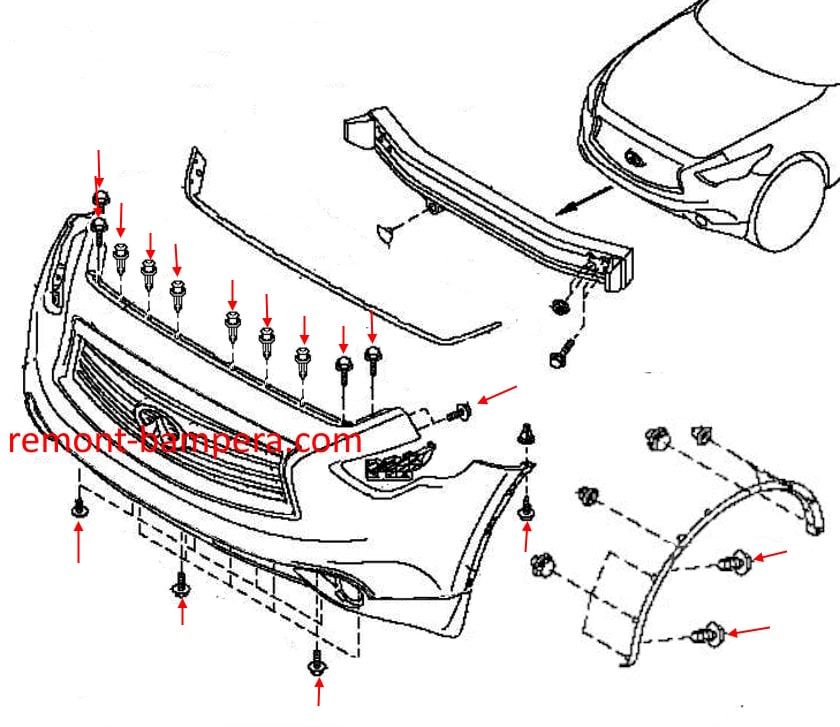Schema di montaggio del paraurti anteriore Infiniti QX70 (2013-2017)