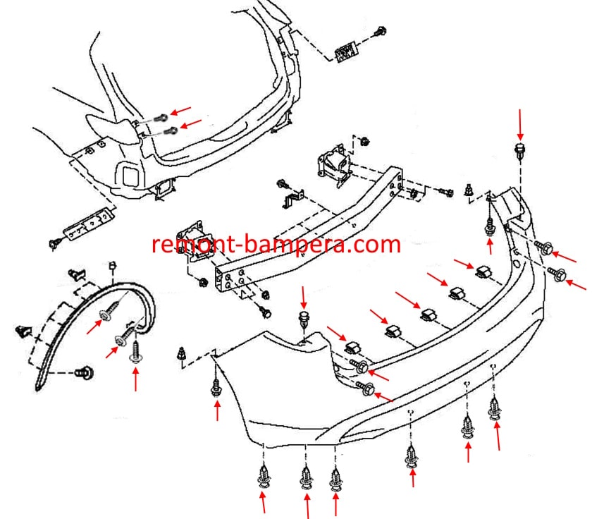 Schema di montaggio del paraurti posteriore per Infiniti QX70 (2013-2017)