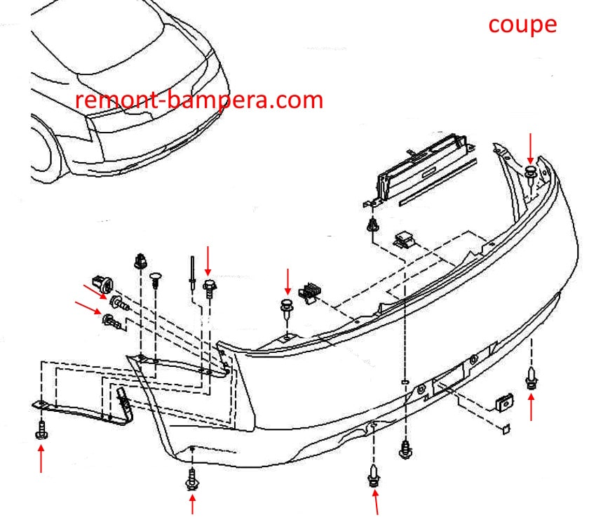 Schema di montaggio del paraurti posteriore Infiniti G35 (V35) (2002-2007) Coupé