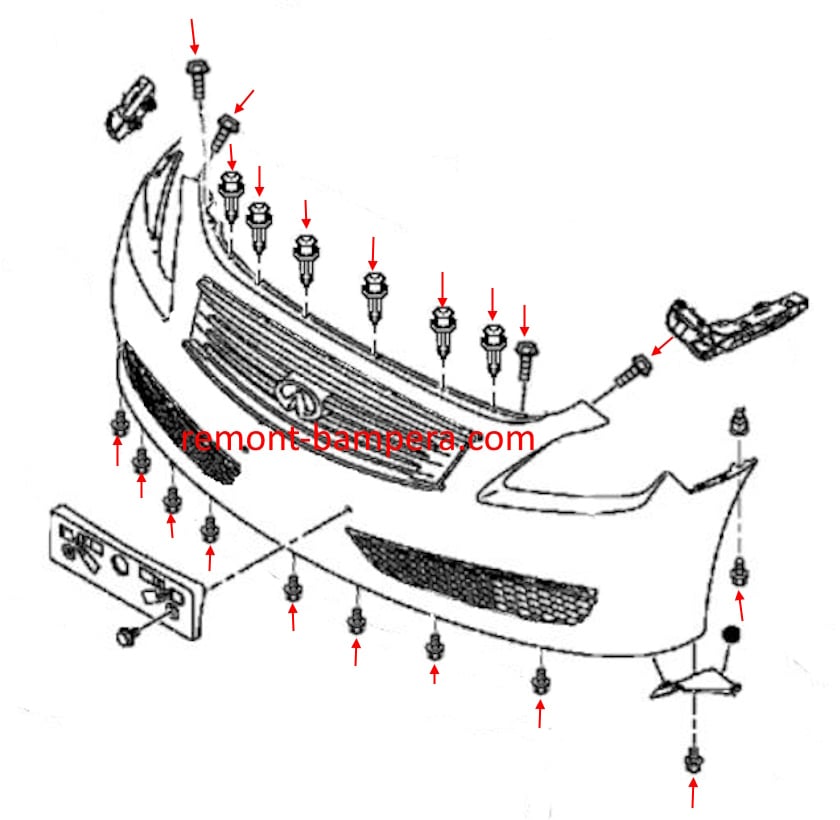 Schema di montaggio del paraurti anteriore Infiniti G25, G35, G37 (2007-2015)