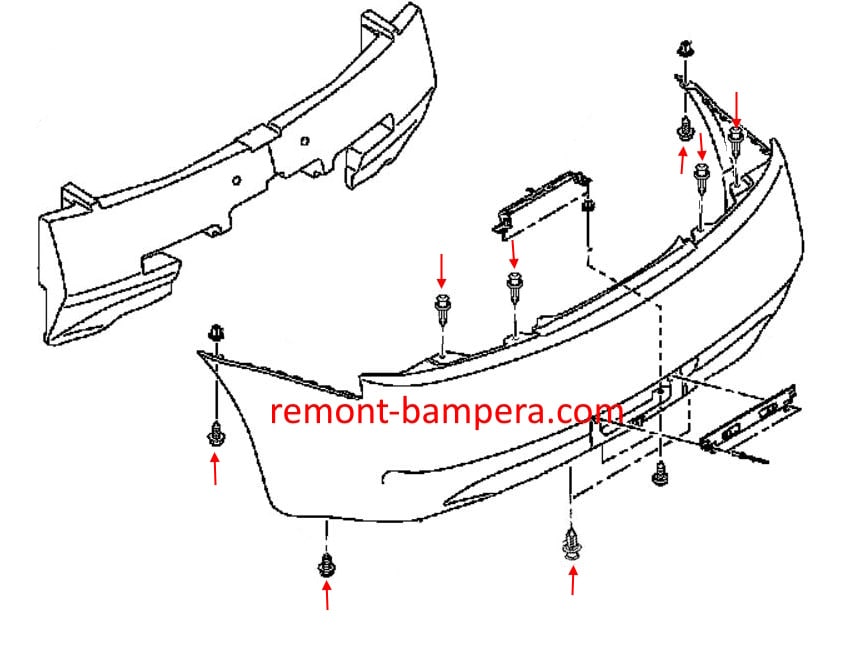 Schema di montaggio del paraurti posteriore per Infiniti G25, G35, G37 (2007-2015)