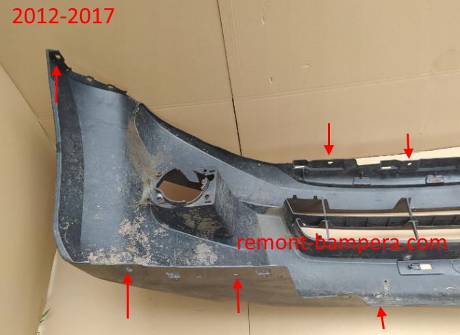 Punti di attacco del paraurti anteriore Isuzu D-Max II (2012-2020).