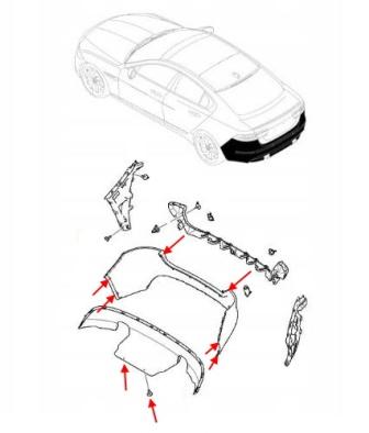 The scheme of fastening the rear bumper of the Jaguar XE